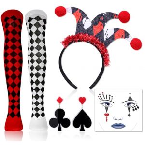 DPKOW Costume de la Reine de Coeur Accessoires Femme, Bandeau de Cheveux de la Reine de Coeur Collants Boucles d'oreilles de Cartes &agrave; Jouer Tatouage Visage Carnaval Costumes de Carnaval Femme Bonnet (dpkow, neuf)
