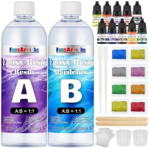 FansArriche Kit de r&eacute;sine &eacute;poxy transparente 1000 ml avec peinture &eacute;poxy, b&acirc;tonnets en bois, gants, verre doseur, pour projet artistique, fabrication de bijoux, artisanat (FansArriche-fr, neuf)