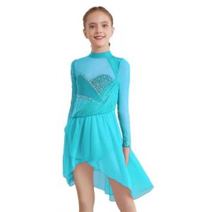 TTAO Robe Danse Contemporain Enfant Fille Justaucorps de Patinage Artistique Manches Longues Robe Danse Lyrique Asymétrique Justaucorps Gymnastique Compétition 5-16 Ans Bleu Vert 9-10 Ans (TTAOSHOP EU, neuf)