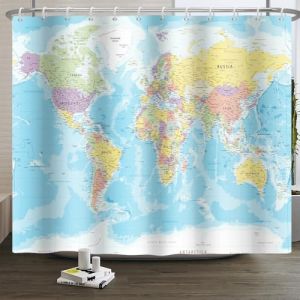 Xiaoterna Rideau de Douche Carte du Monde Rideau de Douche Continents de l'océan Bleu Rideau de Douche Carte du Monde Rideau de Douche géographie Tissu imperméable et Lavable en Machine 240x180cm (Xiaoterna Store, neuf)