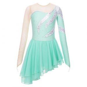 dPois Asymétrique Robe de Patinage Artistique Enfant Fille Paillettes Robe Danse Classique Manches Longues Brillant Strass Justaucorps Gymnastique Gym Ballet 5-16 Ans Vert Clair 5-6 Ans (dPois eu, neuf)