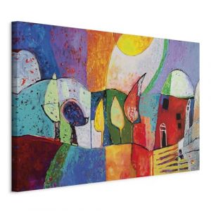 B&D XXL - Tableau décoratif moderne 120x80 cm - Impression sur toile colorée - Décoration murale pour salon et chambre - Rouge jaune beige bleu - Cabane dans les arbres de la ville colorée 0104-12 (murando, neuf)