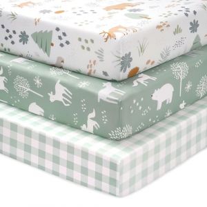 FIEMOL Drap Housse 70 x 140 cm, Lot de 3 Microfibre Ultra Douce et Lisse &Eacute;lastique sur Tout Le Tour - pour Matelas de Lit B&eacute;b&eacute; et Lit Enfant, Ours des Bois Vert (FUJU-EU, neuf)
