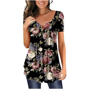 Chic Et &Eacute;l&eacute;gant Chemisier Femme Manches 3/4,T Shirt Imprim&eacute; Fleurs avec Pliss&eacute;,Tee Shirt Col en V Blouse De Boheme Hauts avec Boutons,D&eacute;contract&eacute;e Tunique &Eacute;t&eacute; Plage Travail Tunique Tops (Wyongtao❖, neuf)