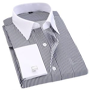 Rayé pour homme Boutons de manchette français décontracté manches longues col blanc chemise mariage smoking chemise FS13 rayures noires taille asiatique 2XL (BUMUQ, neuf)