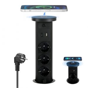 Prise Encastrable Plan de Travail 3 Prises avec Chargeur sans Fil 10W, Multiprise Electrique avec 1 USB C 20W, 1 USB A 18W, Prise Encastrable Plan de Travail pour Les Cuisines Bureaux (Noir) (WHKCLTDD, neuf)