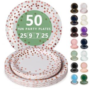 Nkaiso Assiette Jetable Anniversaire, 50 Pi&egrave;ces Rose Or Vaisselle en carton - 25 Assiettes Plateaux 23cm & 25 Assiettes Dessert 18cm - Pour Mariage, Anniversaire & &Eacute;v&eacute;nements (Nkaiso, neuf)