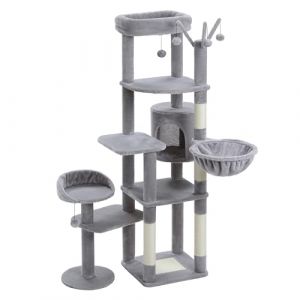 PETEPELA Arbre à chat haut de 150 cm pour grand chat, tour de chat à plusieurs étages pour chats d'appartement, appartement avec grand hamac, colonne à chat et 2 perchoirs, gris (PETEPELA, neuf)