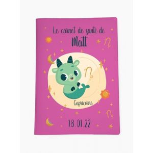 Prot&egrave;ge carnet de sant&eacute; personnalis&eacute;, id&eacute;e cadeau personnalisable b&eacute;b&eacute;, cadeau naissance original, Housse carnet de sant&eacute; Signe Capricorne - CL0019j (Fuchsia) (MARQUAGE UNIQUE, neuf)
