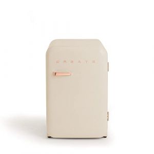 CREATE / RÉTRO FRIGO 83.5 ARGENT/Réfrigérateur blanc cassé avec poignée or rose / 98W, basse consommation, 2 étagères, régulateur de température, porte-bouteilles, 56x54x84cm. (CREATE, neuf)