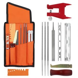 Poweka Kit d'aff&ucirc;tage Universel pour Tron&ccedil;onneuse, Jeu de Limes pour Aiguiser Les Semis de Cha&icirc;ne avec Limes, Poign&eacute;es en Bois, Jauge de Profondeur, Guide de Polissage, Sac &agrave; Outils et Vis de Banc (CraftStore, neuf)