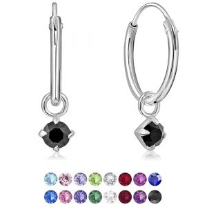 DTPsilver&reg; Boucles d'oreilles PETITES Cr&eacute;oles en Argent Fin 925 avec petit Pendentif 3 mm Cristaux de Swarovski&reg; Elements Ronds - &Eacute;paisseur 1.2 mm - Diam&egrave;tre: 12 mm - Couleur: Noire (DTPSilver, neuf)