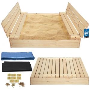 KOTARBAU® Bac à sable avec couvercle - 140 x 140 cm - Couleur naturelle - Grand bac à sable en bois avec banc et couvercle - Jouet de jardin pour enfants imprégné et refermable avec bancs (KOTARBAU, neuf)