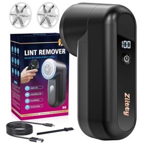 Ziitty Rasoir Anti Bouloche Électrique Écran LCD, Rechargeable Câble Type-C, 2 Niveaux de Puissance Réglables, Tête à 6 Lames Fraise à Peluches, Idéal Vêtements Canapés Couvertures Rideaux Noir (ESSBAI PROIECT, neuf)