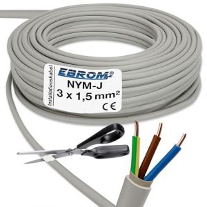 Câble NYM-J 3 x 1,5 mm² – Câble NYM-J 3 x 1,5 mm² – Câble gainé – Câble d’installation – Gris –5 m – 15 m – 25 m – 50 m – 60 M – 70 m – 80 m – 90 m – 100 m – 110 m – jusqu'à max. 250 mètres (EBROM, neuf)