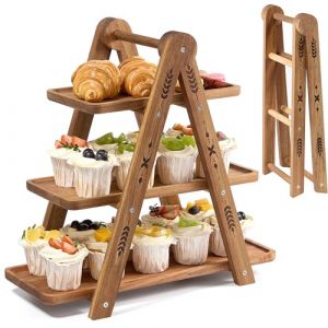 DUJUST Pr&eacute;sentoir &agrave; g&acirc;teau en bois pour 24 Cupcakes, support &agrave; g&acirc;teau &agrave; 3 &eacute;tages avec surface de qualit&eacute; alimentaire, pr&eacute;sentoir &agrave; g&acirc;teau pour la nourriture et les jouets - pliable (EletreeEU, neuf)