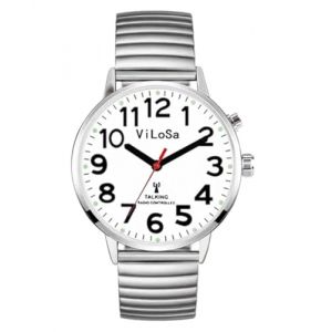 Montre parlante Parlant l'heure, la Date ou l'heure d'alarme pour Les Personnes &acirc;g&eacute;es, malvoyantes ou aveugles. Cadran Blanc, Chiffres Noirs avec Bracelet Extensible en Acier Inoxydable (PXYLIFE, neuf)