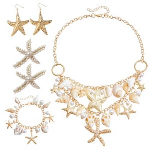 YUVKIN Ensemble de Bijoux Femme Sir&egrave;ne, Accessoires de Costume Sir&egrave;ne, Collier Coquillage &Eacute;toile de Mer, Bracelet, Perles, Barrettes &Eacute;toile de Mer, Boucles d'Oreilles, Bijoux de Plage pour Carnaval (HerEdit, neuf)