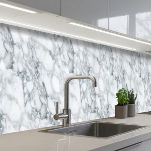 KitchenYeah© Crédence Cuisine À Coller 80x500 cm Protection Plaque De Cuisson Adhesif Plastique Rigide Dalle Murale Mosaïque - Marbre - Blanc - Irrégulier (KitchenYeah, neuf)