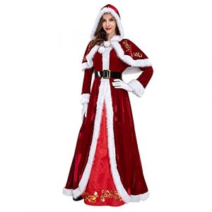 DéGuisement MèRe NoëL Costume Femme Noel Robe VêTements à Capuche De NoëL Et Ceinture Femme DéGuisement FêTe Vintage Manteau Rouge Cape Hiver Chaud À Capuche Robe Longue FêTe Costume Robes Cosplay (WHxiancong, neuf)