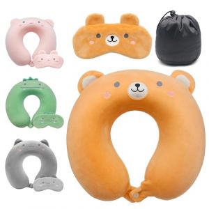Lookka Oreiller de Voyage Mignon pour Enfant, Coussin de Soutien du Cou en Mousse &agrave; m&eacute;moire de Forme (Housse Lavable) avec Joli Masque pour Les Yeux pour Dormir et se Reposer en Avion, Appui-t&ecirc;te de (Redsno, neuf)