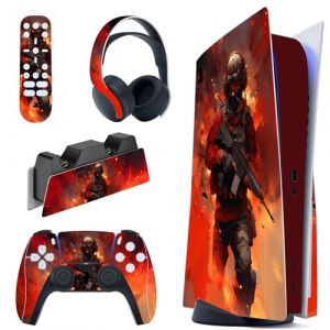 PlayVital Autocollant Skin pour ps5 Manette,Sticker pour ps5 Console Disc Edition & Station de Charge & Casque & Télécommande-Feu de Guerre (Game Skindecal Store, neuf)