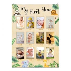 Nybhyjka Tableau photo de premi&egrave;re ann&eacute;e pour gar&ccedil;on | Tableau photo de 12 mois, tableau photo en bois pour 1er anniversaire, banni&egrave;re photo pour gar&ccedil;on (asliny, neuf)