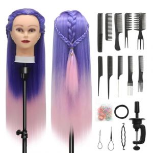 Tete a Coiffer, 28 inch 100% de Cheveux Synthétiques Têtes d'exercice Tête À Coiffer Coiffure Cosmétologie tete a coiffer professionnelle Poupée avec Support + Ensemble de Tresse (Bleu rose) (Guangzhouxinfeifazhipinmaoyiyouxiangongsi, neuf)