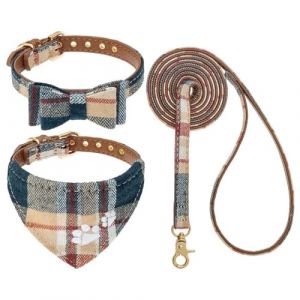EXPAWLORER Ensemble collier et laisse pour chien et chat, motif écossais brodé, avec nœud papillon et bandana, adorable pour promenade en plein air, kaki, taille M (EFLASHPET, neuf)