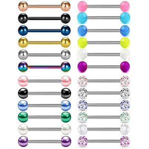 Rajnard Piercing Langue Téton Mamelon 24pcs mélange des couleurs 14G Acier Chirurgical avec boule à paillettes zircon perle lumineux Bijoux de Piercing femmes filles (Rajnard Shop, neuf)