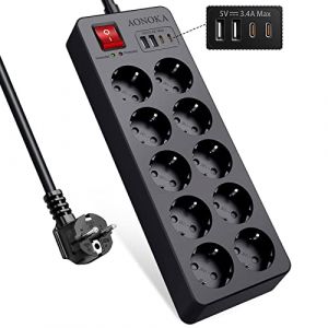 Multiprise Electrique 10 Prises avec Interrupteur, Multiprise Parafoudre et Surtension, Bloc Prise Multiple Murale avec 4 Ports USB, Protection Enfant, Rallonge Câble 1,5 m, Noir (Ecobasi, neuf)