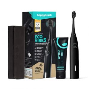 happybrush Brosse à dents électrique Eco Vibe 3 - Kit de démarrage - Brosse à dents sonique avec batterie puissante de 6 semaines - Avec dentifrice au charbon actif et étui de voyage - Noir (Happybrush, neuf)