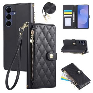 Rosbtib &Eacute;tui pour Samsung Galaxy S25 FE 5G 2025 6.7 Pouces, Coque pour t&eacute;l&eacute;phone Portable en Cuir PU avec Broderie en Losange, Galaxy S25 FE &Eacute;tui &agrave; Rabat avec dragonne et bandouli&egrave;re, Noir (Tengkai Technology, neuf)