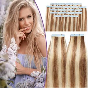 SEGO Extensions Adhésif Cheveux Blond - Extension Cheveux Adhesive Naturel - Extension Cheveux Naturel Adhesive Cheveux Humains - 40 CM 12P613#Brun Doré Mèche Blond Blanchi [1.5g X 20] (Shiny Collection-88, neuf)