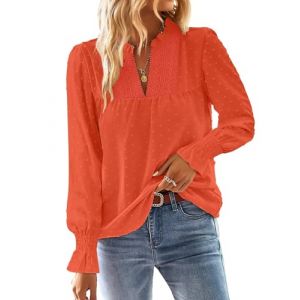 TUUHAW Tunique Femme Chemise Chic et &Eacute;l&eacute;gant Automne Col en V Manches Longues Dentelle Top &agrave; Point Suisse Couleur Unie Blouse D&eacute;contract&eacute; Chemisier Confortable Orange Vif M (TROFANO, neuf)