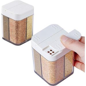 Salière et poivrière en plastique 4 en 1, 4 grilles, distributeur d'épices vide, 2 paquets de grilles, boîte à épices de voyage, pour les voyages, la cuisine, le barbecue (transparent) (JUMINEUK, neuf)