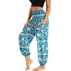 Nuofengkudu Femme Harem Pantalon Sarouel Thaïlandais Hippie Baggy Léger Boho Ethnique Smockée Taille Haute avec Poches Yoga Pants Été Plage ,Bleu Clair Éléphant B,Taille unique (better Life, neuf)