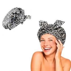 Bonnet de douche pour femme, bonnet de douche imperm&eacute;able et r&eacute;utilisable, bonnet de douche pour cheveux longs, pour homme et femme, bonnet de bain soyeux pour cheveux longs boucl&eacute;s, motif l&eacute;opard (Flomiara-US, neuf)