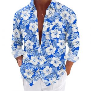 Chemise d&eacute;contract&eacute;e &agrave; manches longues pour homme, chemise de plage &agrave; fleurs et costumes longs, chemises en lin pour homme, bleu, 3XL (zaxljey, neuf)