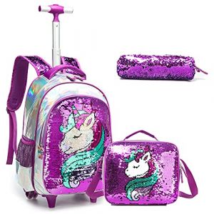 Egchescebo Sac à Dos a Roulette Pour Enfant Fille D'école Licorne Scolaires Cartables et Trousses Grande Capacité avec Cartable Ecole Primaire Chariot pour Cartable de Voyage Valise 17" Violet (Egchescebo EUR, neuf)