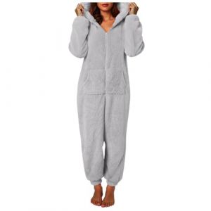 XIANUOJI Combinaison Pyjama Femme Grenouillere Combi Tout en Un Chaud en Polaire, Pyjamas Barboteuse Capuche V&ecirc;Tement en Peluche Nuit Adulte Costume Loungewear Grenouill&egrave;re (Gris, M) (XLEWHX, neuf)