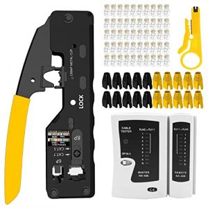 OKVNUO RJ45 Sertissage Ethernet Pince à Sertir de CAT5 CAT6 Testeur de Network Réseau Câble Kits d’Outils de Réparation d’Ordinateur Net Professionnel Maintenance de Testeur de Câble LAN (Noir) (OKVNUO-TECH, neuf)