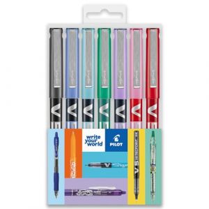 PILOT V5 Hi-Tecpoint Lot de 7 stylos roller à pointe fine de 0,5 mm Encre noire, bleue, bleu clair, vert, violet, rose et rouge (OMGHC., neuf)