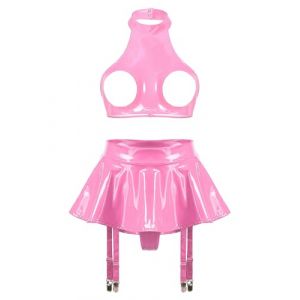 YEAHDOR Femme Sexy Ensemble Lingerie Nuit Wetlook Soutien-Gorge Sein Nue & String Biefs Ouvert Cuir Nuisette Érotique Vêtement de Nuit Pyjama Tenue Sexuel S-4XL E Rose S (YEAHDOR EU, neuf)