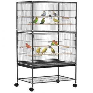 PawHut Cage pour oiseaux avec roues et plateau amovible 4 portes, 4 mangeoires, 4 cintres et &eacute;tag&egrave;re de rangement Gris fonc&eacute; 78 x 52 x 132 cm (Aosom FR, neuf)