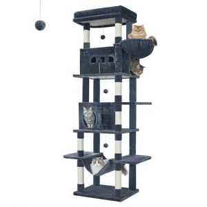 Hzuaneri 210 cm Grand Arbre à Chat, Tour à Chat pour Chats d'intérieur, avec Grand Perchoir, Tapis Lavable, 2 Niches Chats, 8 Griffoirs, Hamac, Pompons, Gris Foncé MS21018SG (Hzuaneri FR, neuf)