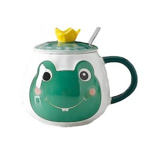 Xfeyaqlo Tasse avec Grenouille - Petit Déjeuner et Lait, Motif Mignon et Frais de Grenouille avec Couvercle à Couronne, en Céramique, 400ml (Vert Foncé) (XiaoFeiYang, neuf)
