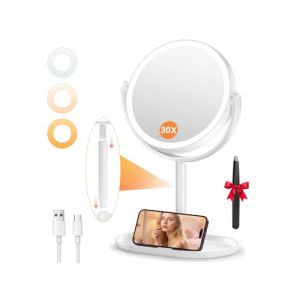 Auxmir Miroir Grossissant Lumineux, 30X/1X Double Face, Miroir Grossissant sur Pied 8", 2000mAh Rechargeable avec 3 Couleurs, Rotation 360&deg;, Mirroir Maquillage Lumineux pour Chambre, Bureaux (Auxmir Direct, neuf)
