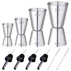 RUIJIE 4 Pièces Doseur Cocktail 30/40/50/60ml Double Doseur à Alcool en Acier Inoxydable Tasse à Mesurer avec 4 Verseur de Vin Bouteille & 2 Pinceaux Mesure Jigger pour Bar Maisons Fête Vin Gin Shaker (CHINGUEZ COMPRA S.L., neuf)