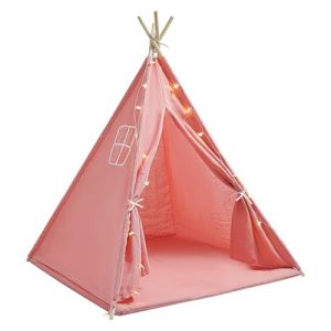 Tipi - Tente pour enfant avec tapis de sol et guirlande lumineuse - Tente de jeu pliable en coton - Pour l'int&eacute;rieur et l'ext&eacute;rieur - 120 x 120 x 140 cm - Rose (NoneDanGee, neuf)